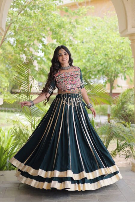 Premium Dark Green Rayon Double Ghera Navratri Lehenga Choli with Vertical Gota Patti Lace Work & Heavy Embroidered Choli