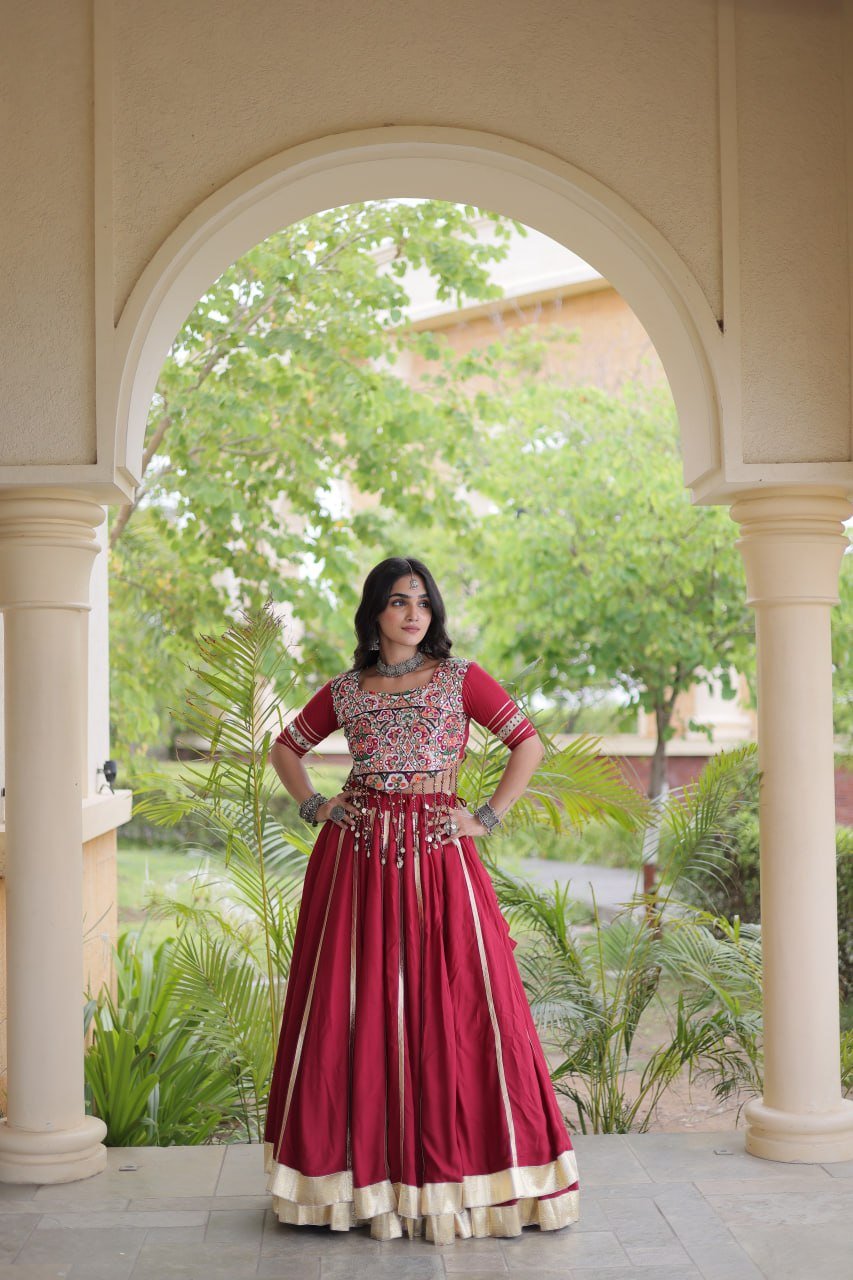 Premium Maroon Red Rayon Double Ghera Navratri Lehenga Choli with Vertical Gota Patti Lace Work & Heavy Embroidered Choli - Image 6