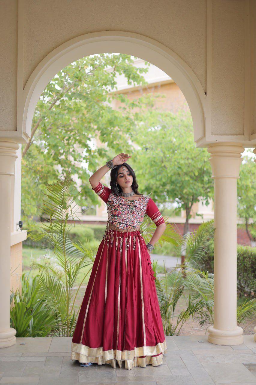 Premium Maroon Red Rayon Double Ghera Navratri Lehenga Choli with Vertical Gota Patti Lace Work & Heavy Embroidered Choli - Image 5