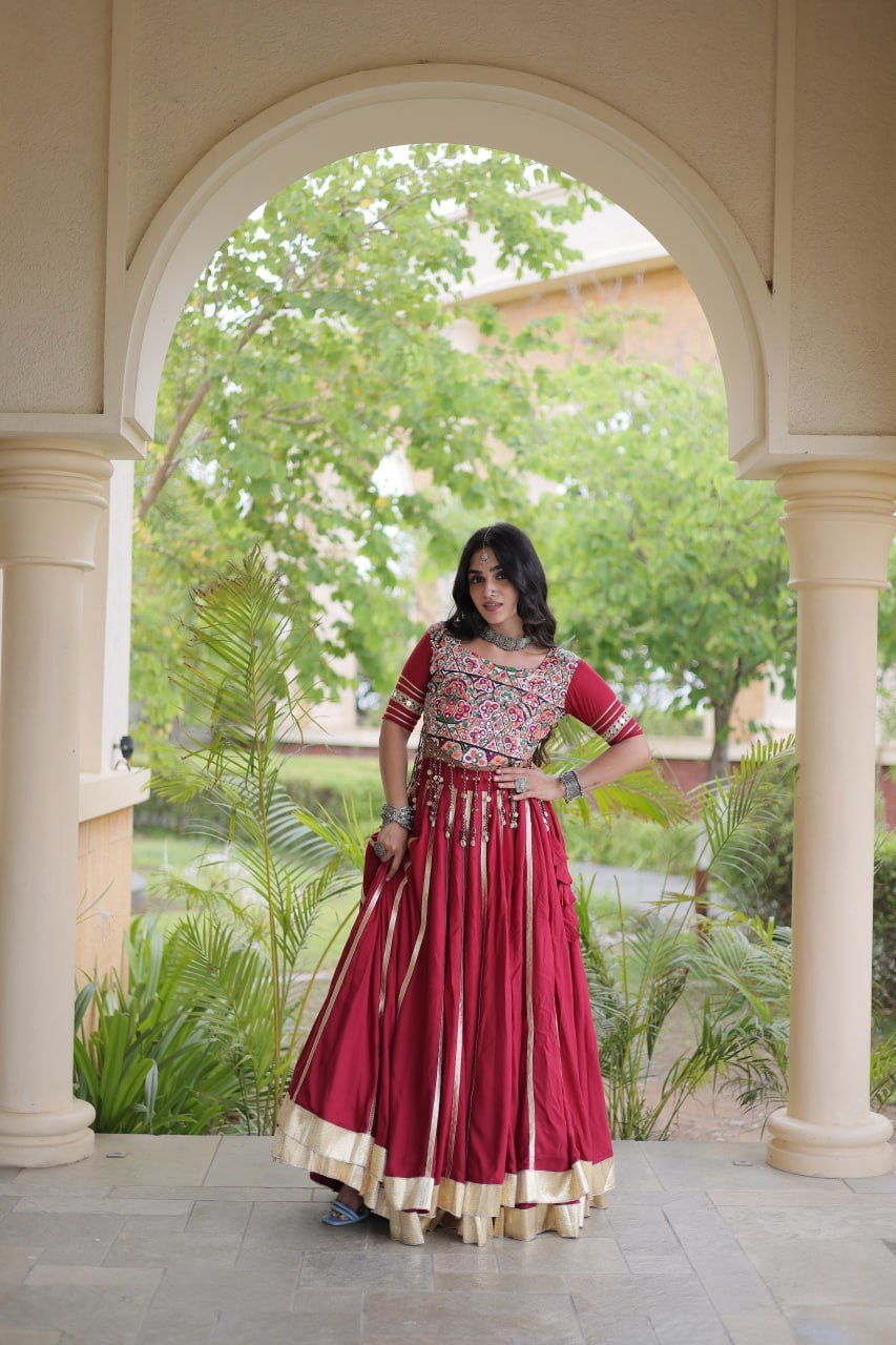 Premium Maroon Red Rayon Double Ghera Navratri Lehenga Choli with Vertical Gota Patti Lace Work & Heavy Embroidered Choli - Image 3