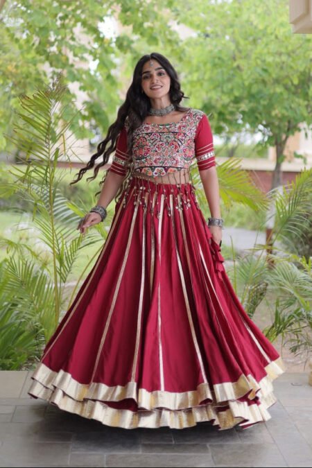 Premium Maroon Red Rayon Double Ghera Navratri Lehenga Choli with Vertical Gota Patti Lace Work & Heavy Embroidered Choli