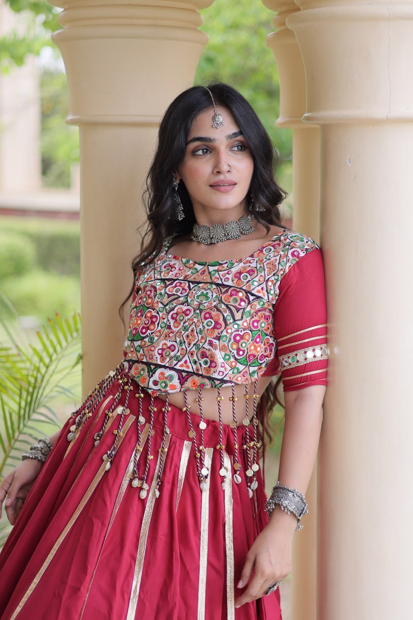 Premium Maroon Red Rayon Double Ghera Navratri Lehenga Choli with Vertical Gota Patti Lace Work & Heavy Embroidered Choli - Image 2