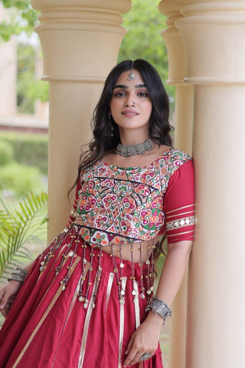 Premium Maroon Red Rayon Double Ghera Navratri Lehenga Choli with Vertical Gota Patti Lace Work & Heavy Embroidered Choli - Image 4