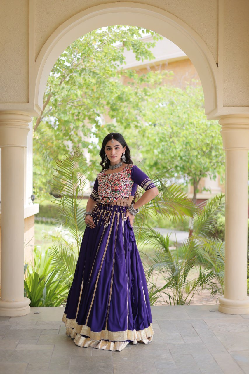Premium Purple Rayon Double Ghera Navratri Lehenga Choli with Vertical Gota Patti Lace Work & Heavy Embroidered Choli - Image 10