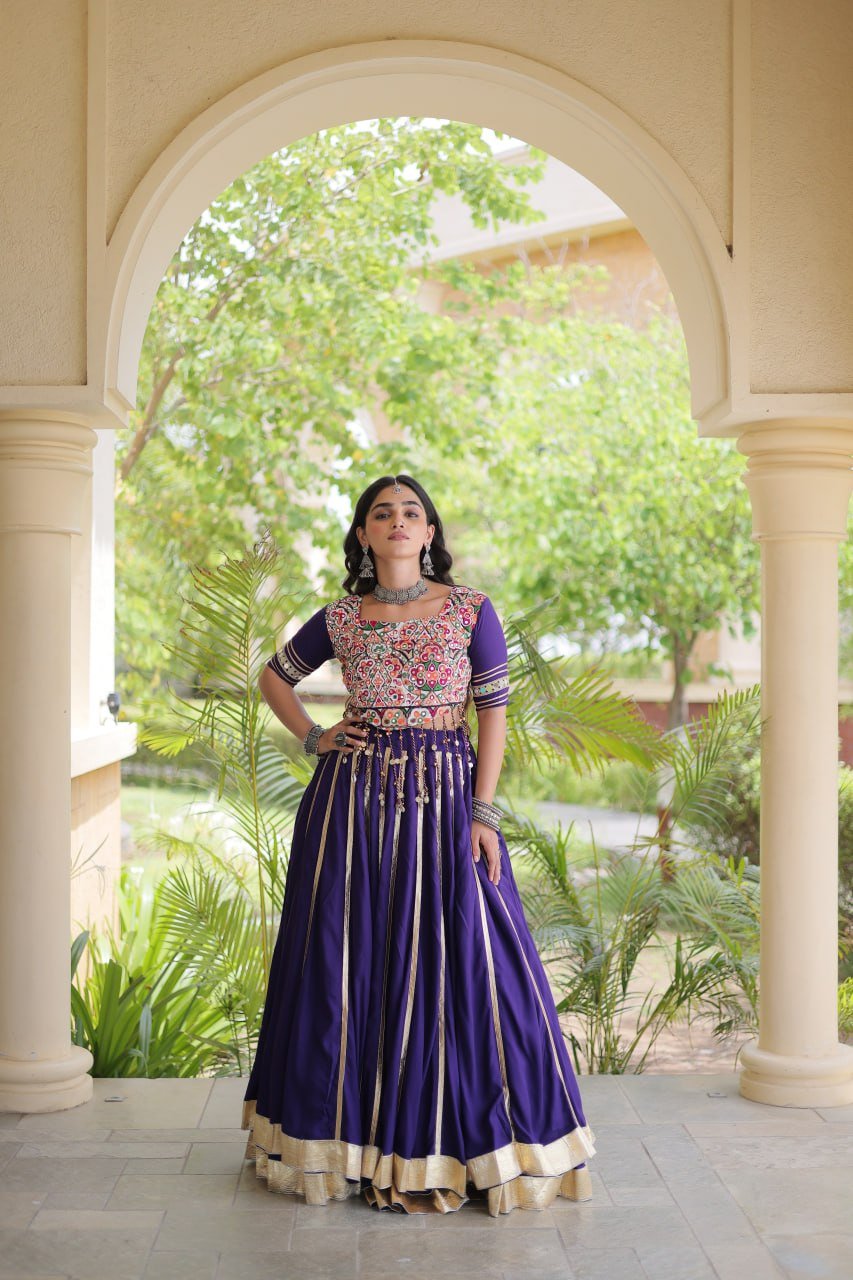 Premium Purple Rayon Double Ghera Navratri Lehenga Choli with Vertical Gota Patti Lace Work & Heavy Embroidered Choli - Image 8
