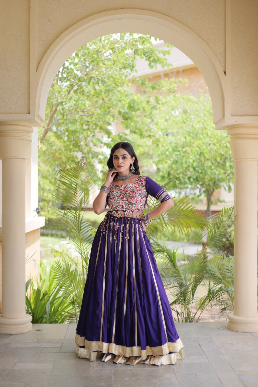Premium Purple Rayon Double Ghera Navratri Lehenga Choli with Vertical Gota Patti Lace Work & Heavy Embroidered Choli - Image 9