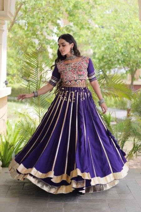 Premium Purple Rayon Double Ghera Navratri Lehenga Choli with Vertical Gota Patti Lace Work & Heavy Embroidered Choli