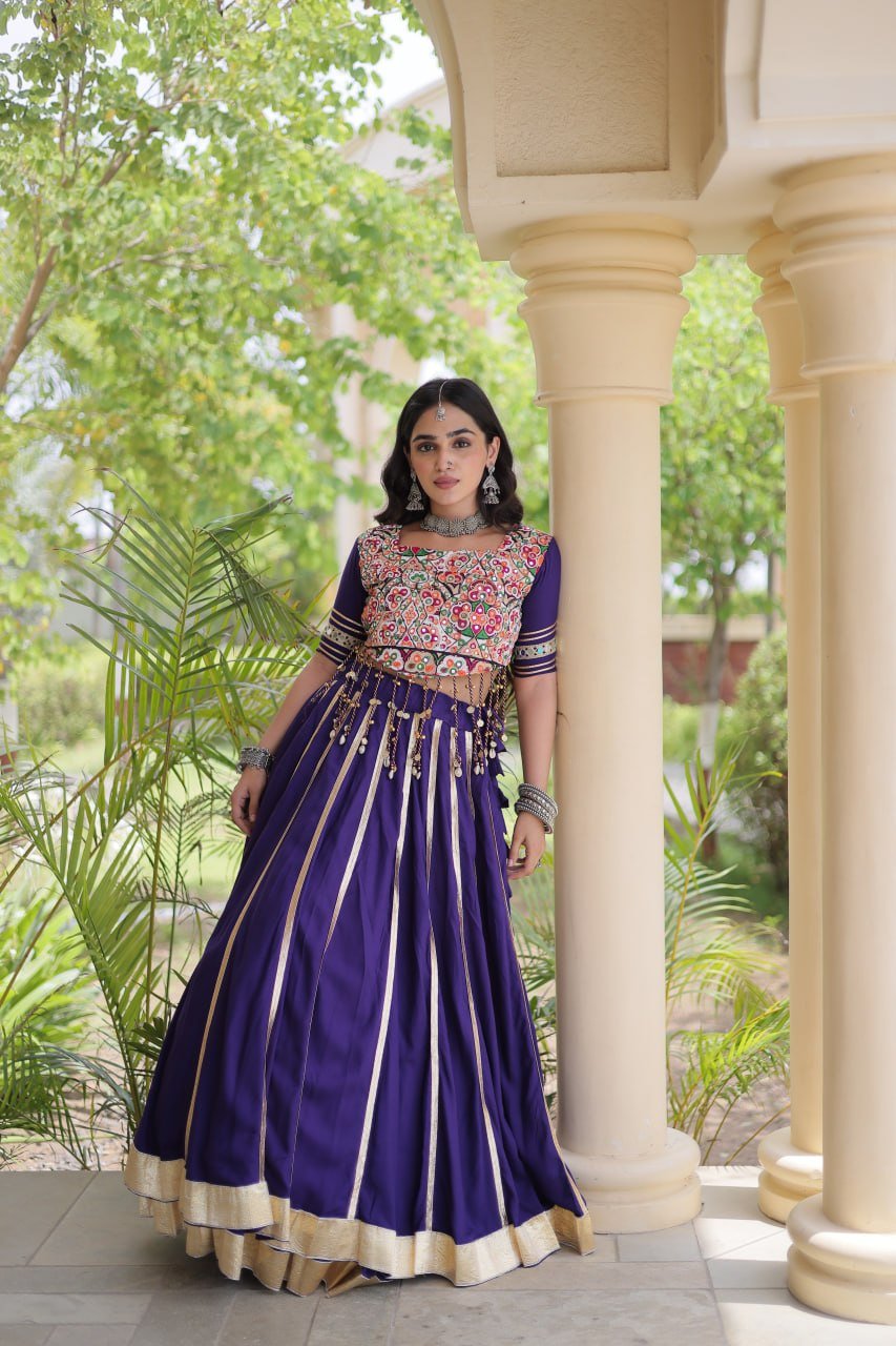 Premium Purple Rayon Double Ghera Navratri Lehenga Choli with Vertical Gota Patti Lace Work & Heavy Embroidered Choli - Image 6
