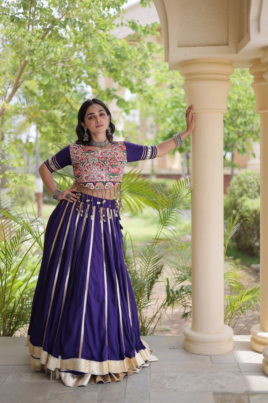 Premium Purple Rayon Double Ghera Navratri Lehenga Choli with Vertical Gota Patti Lace Work & Heavy Embroidered Choli - Image 7