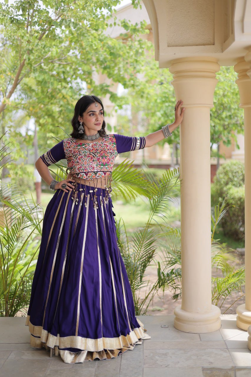 Premium Purple Rayon Double Ghera Navratri Lehenga Choli with Vertical Gota Patti Lace Work & Heavy Embroidered Choli - Image 3