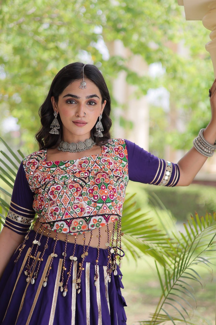 Premium Purple Rayon Double Ghera Navratri Lehenga Choli with Vertical Gota Patti Lace Work & Heavy Embroidered Choli - Image 4