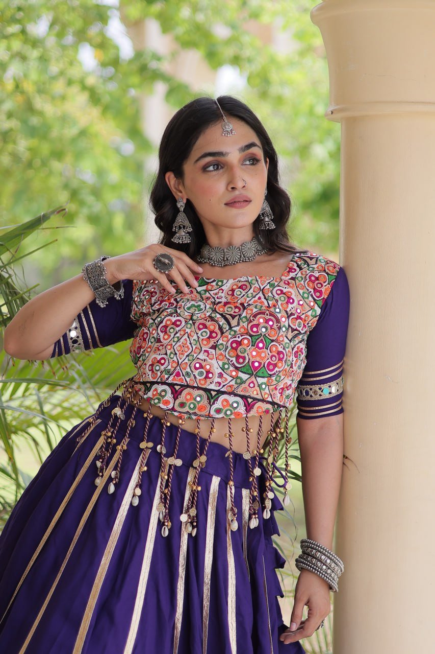 Premium Purple Rayon Double Ghera Navratri Lehenga Choli with Vertical Gota Patti Lace Work & Heavy Embroidered Choli - Image 2