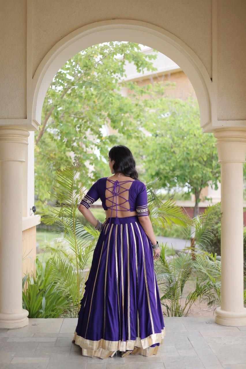 Premium Purple Rayon Double Ghera Navratri Lehenga Choli with Vertical Gota Patti Lace Work & Heavy Embroidered Choli - Image 5