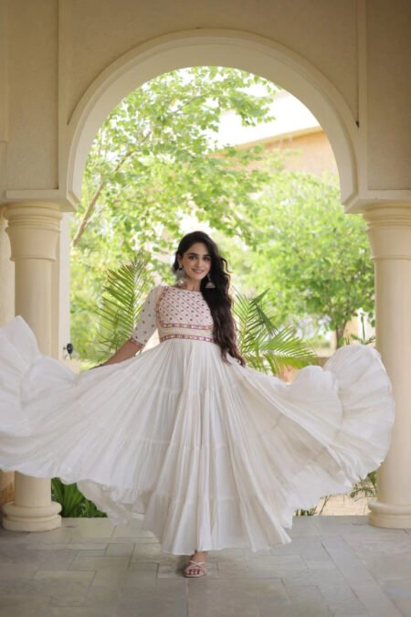 ESHANI OFF WHITE GOTA PATTI & MIRROR WORK FULLY FLARED NAVRATRI GOWN