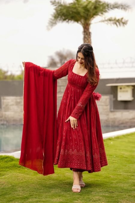 RED EMBROIDERED GEORGETTE BASE ANARKALI WITH CHURIDAR AND DUPATTA - SET OF 3