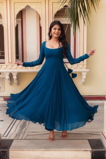 Regal Blue Heavy Faux Georgette Anarkali Suit Set | 3-Piece Ethnic Wear | Elegant Flair & Lace Dupatta | Premium Party & Festive Outfit