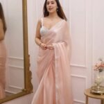 Chandni Peach Pink Jimmy Choo Saree with Silver Lace & Heavy Sequin Work Blouse