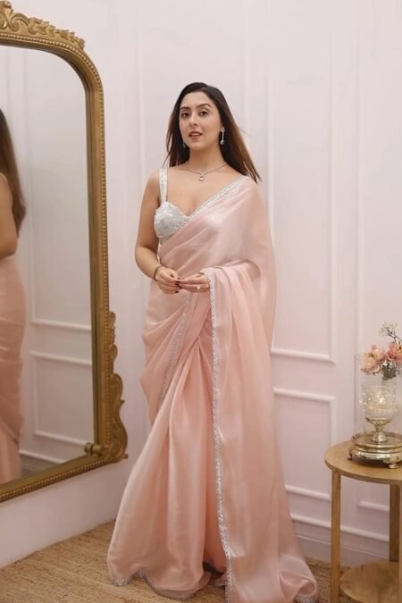 Chandni Peach Pink Jimmy Choo Saree with Silver Lace & Heavy Sequin Work Blouse