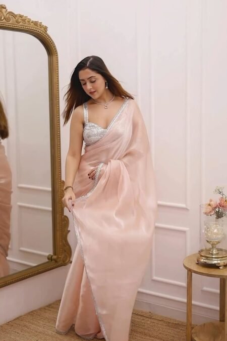 Chandni Peach Pink Jimmy Choo Saree with Silver Lace & Heavy Sequin Work Blouse