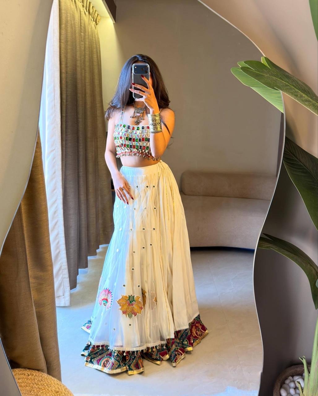 White Navratri Lehenga Choli with Mirror Work & Diamond Blouse 2 47216CFC 8953 4874 AF47 A386A2265AF1