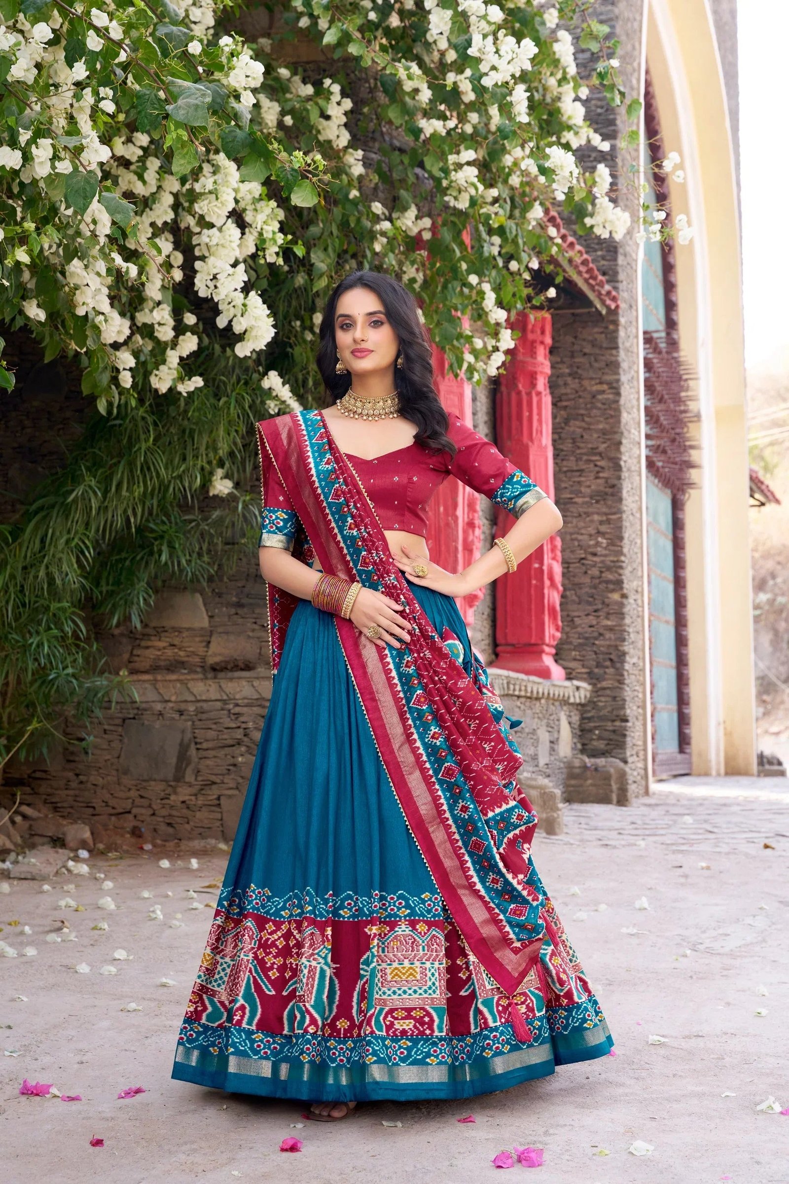 Tussar Silk Floral Print Lehenga Choli with Foil Work & Gotta Patti Dupatta 12 6064475577387173400