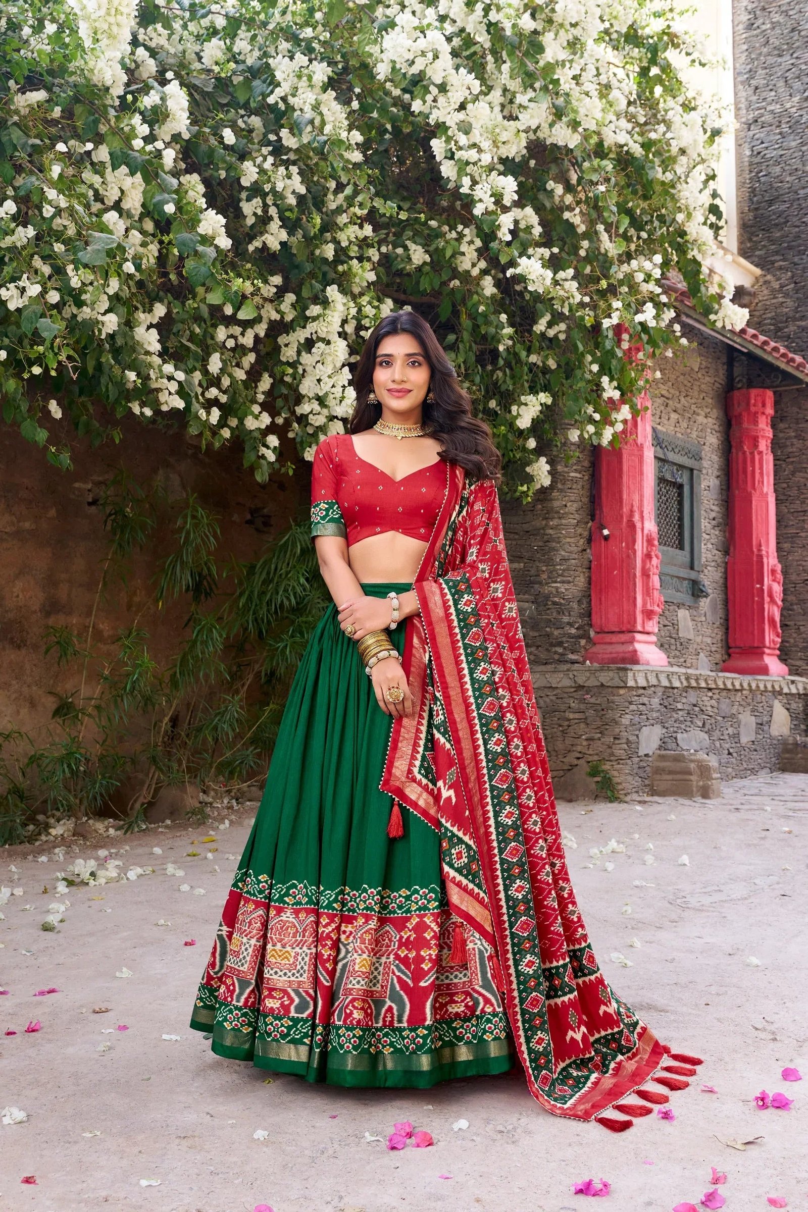 Tussar Silk Floral Print Lehenga Choli with Foil Work & Gotta Patti Dupatta 2 6064475577387173401