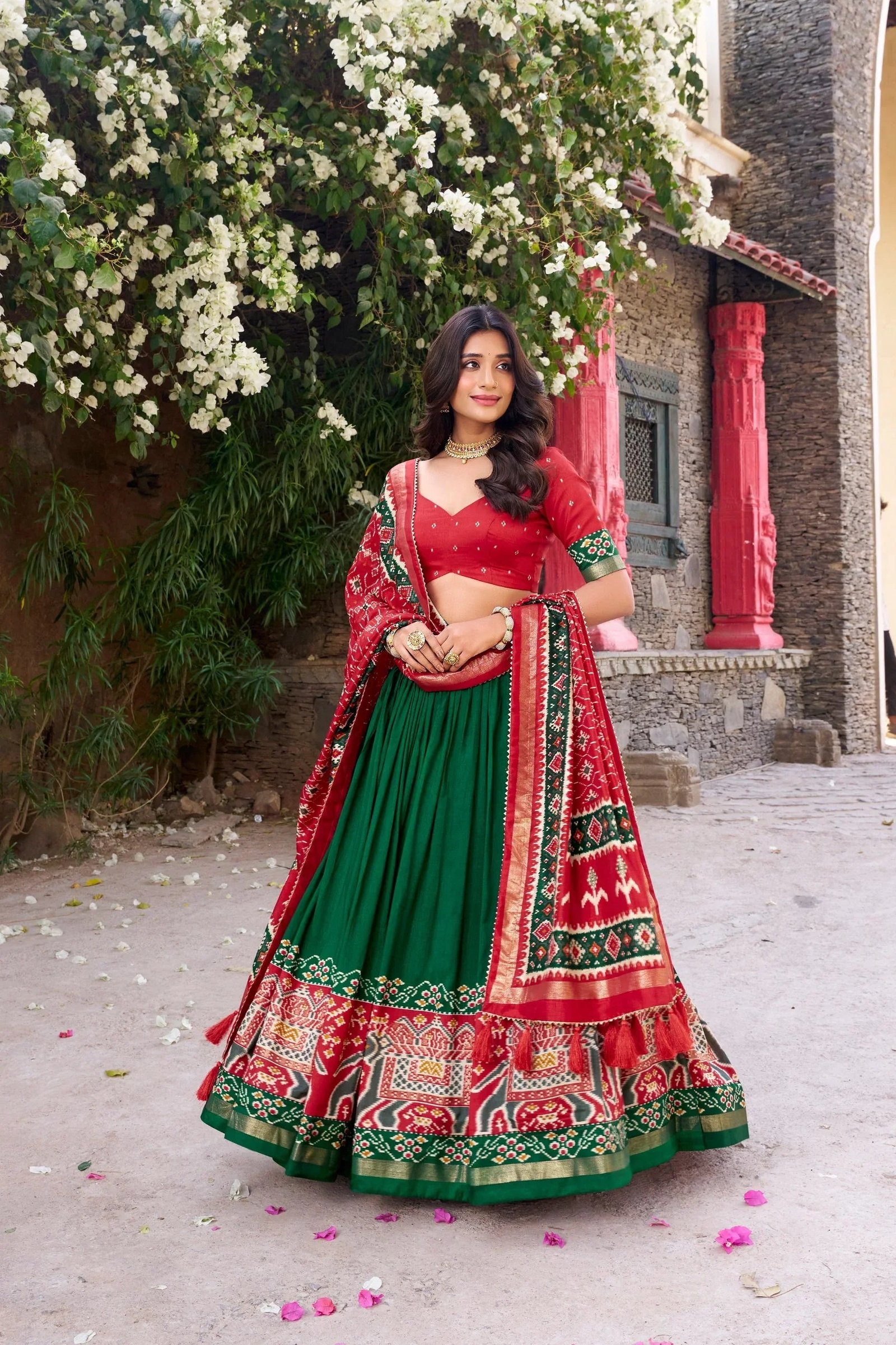 Tussar Silk Floral Print Lehenga Choli with Foil Work & Gotta Patti Dupatta 4 6064475577387173405