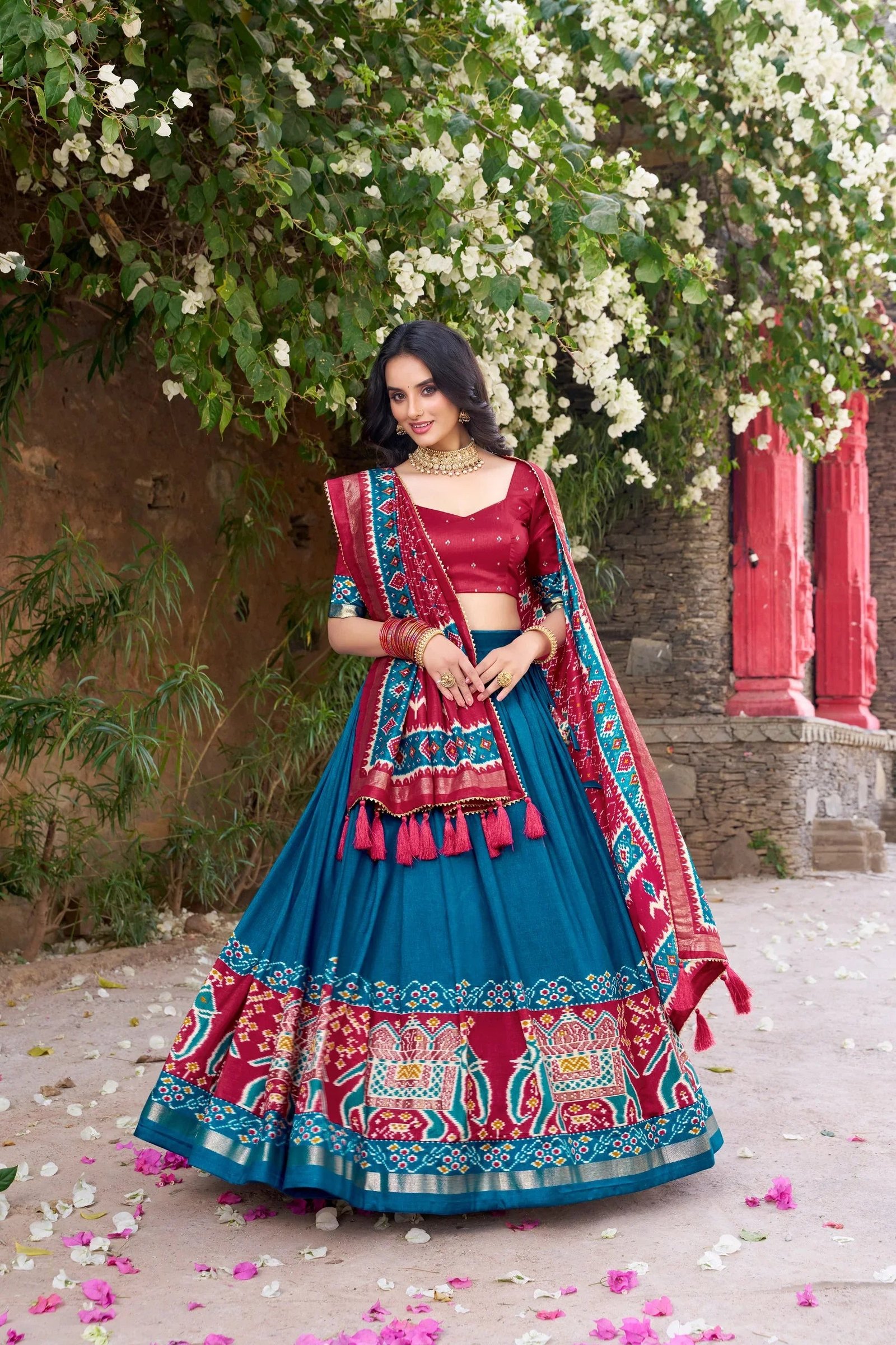 Tussar Silk Floral Print Lehenga Choli with Foil Work & Gotta Patti Dupatta 10 6064475577387173406