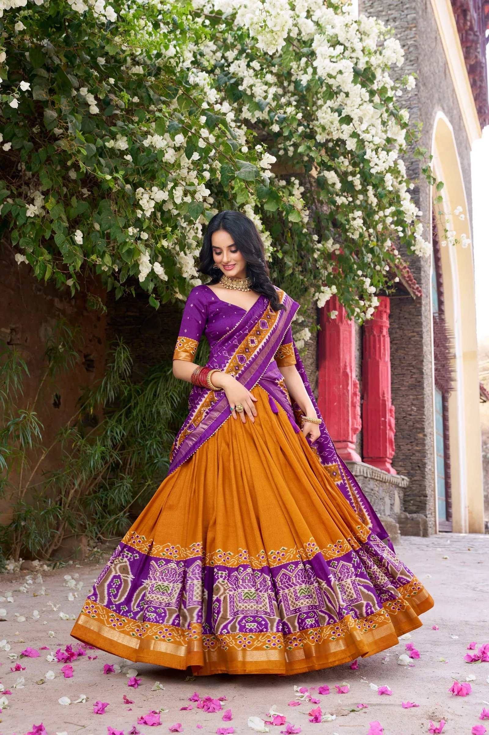 Tussar Silk Floral Print Lehenga Choli with Foil Work & Gotta Patti Dupatta 16 6064475577387173408