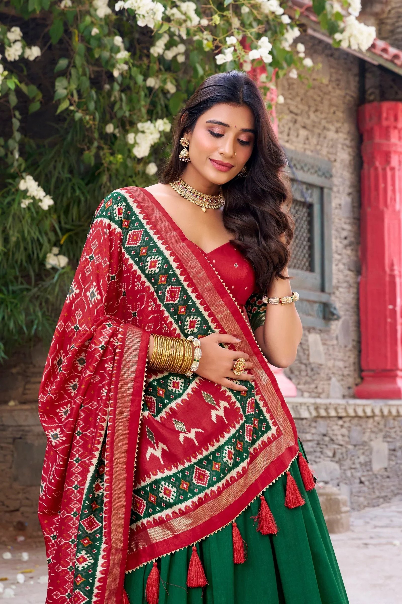 Tussar Silk Floral Print Lehenga Choli with Foil Work & Gotta Patti Dupatta 1 6064475577387173413
