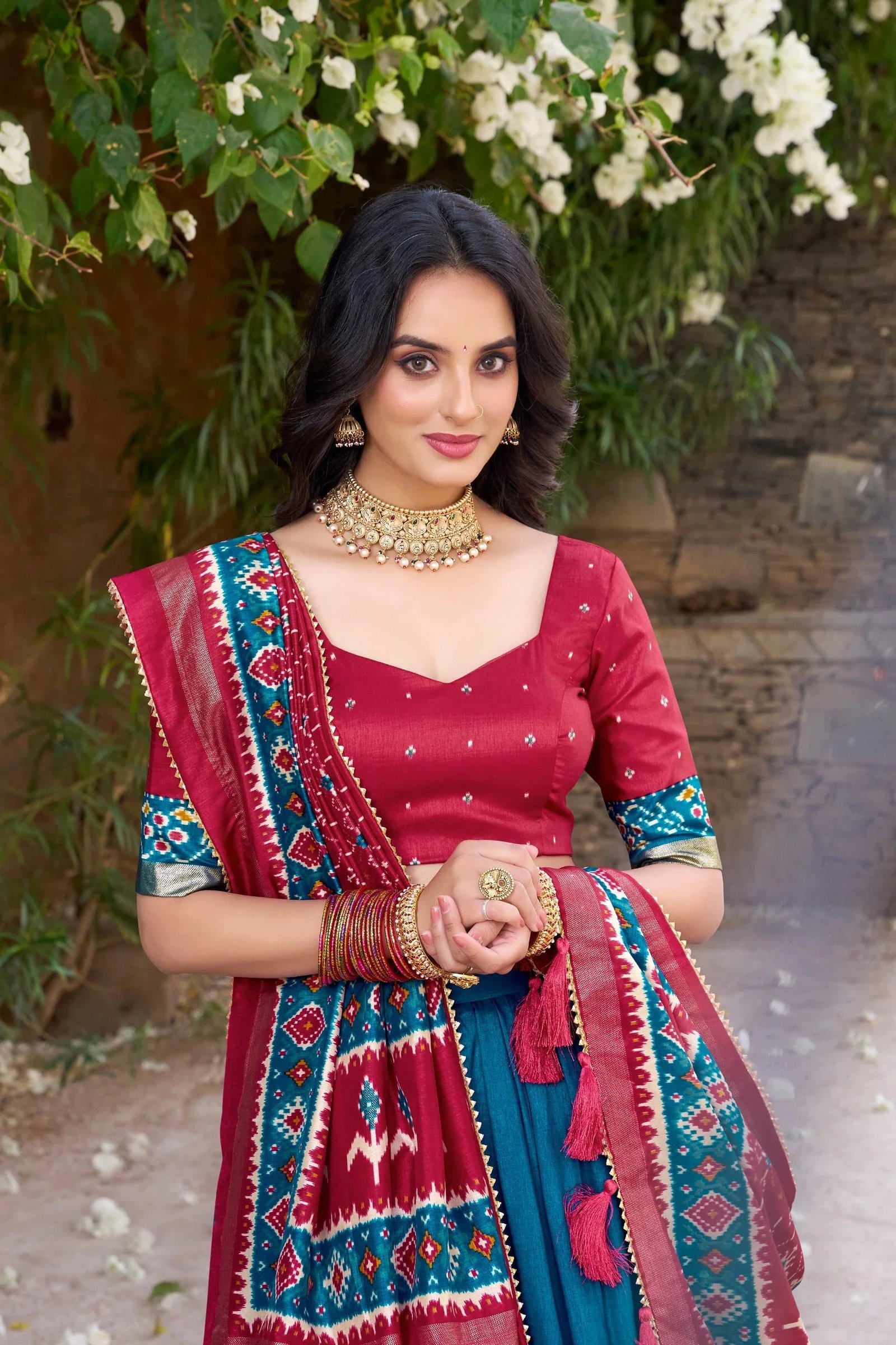 Tussar Silk Floral Print Lehenga Choli with Foil Work & Gotta Patti Dupatta 9 6064475577387173414