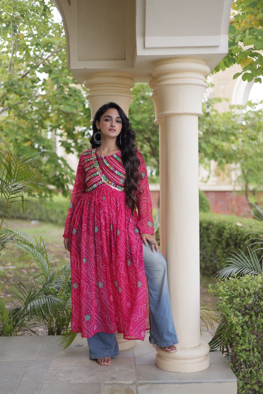 Navratri Bandhani Kutchi Patchwork Kurti in Faux Georgette 10 6106942152429473863 jpg