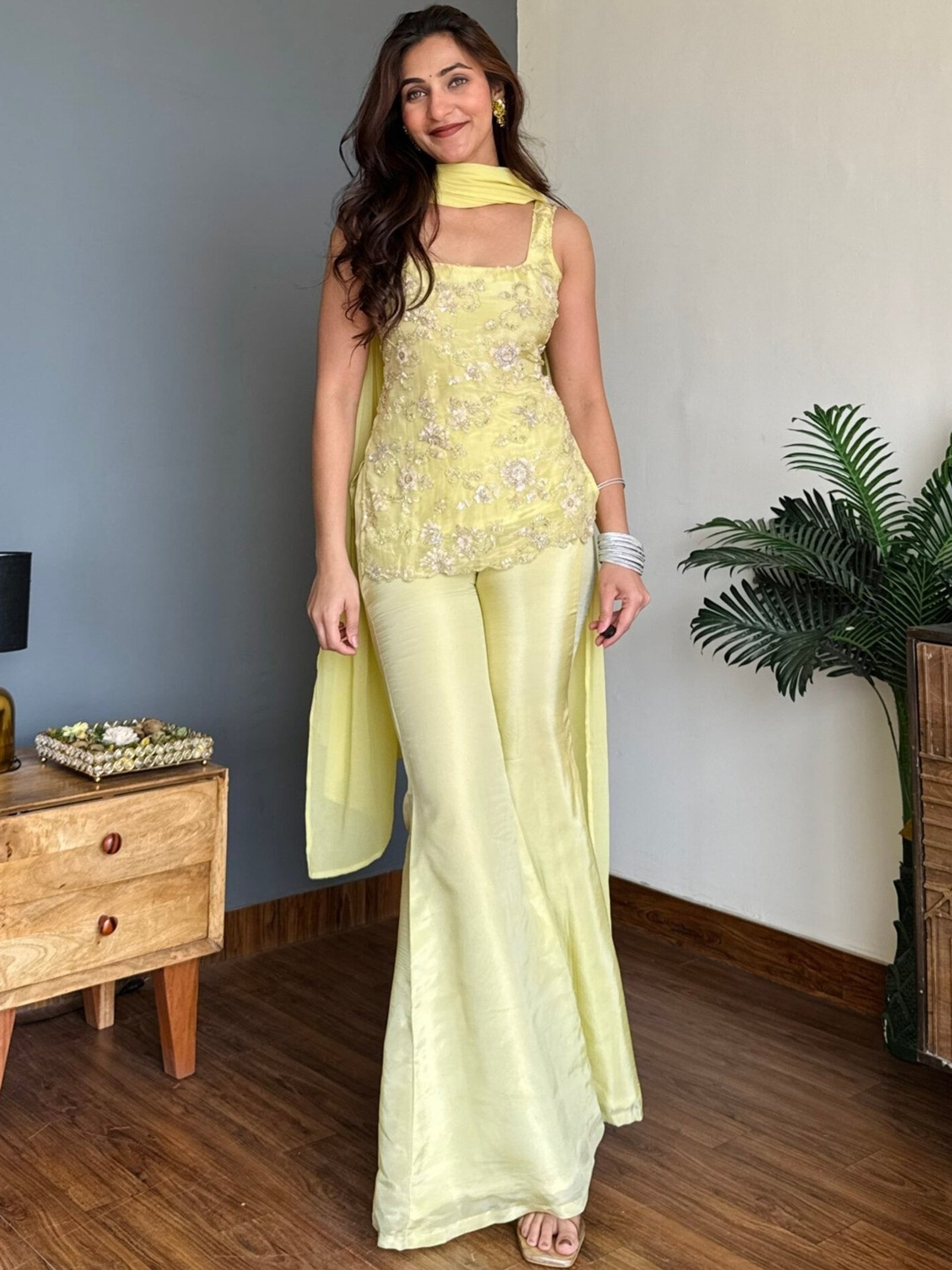 Yellow Floral Embroidered Faux Georgette Kurta Palazzo Suit Set with Dupatta 9 8e8h6ni8bciiirvu64vm