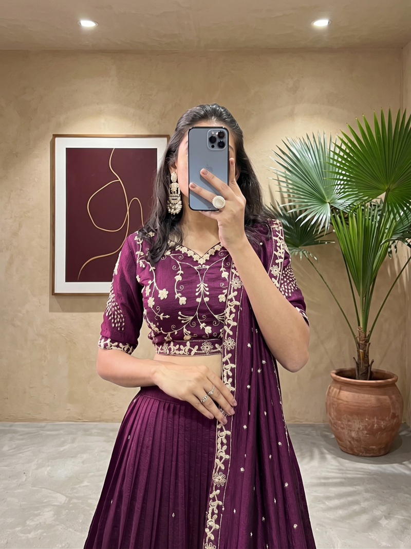 Embroidered Sequence Vichitra Silk Lehenga Choli with Dupatta | Designer Lehenga 2 Gemini Generated Image el9uucel9uucel9u zoom