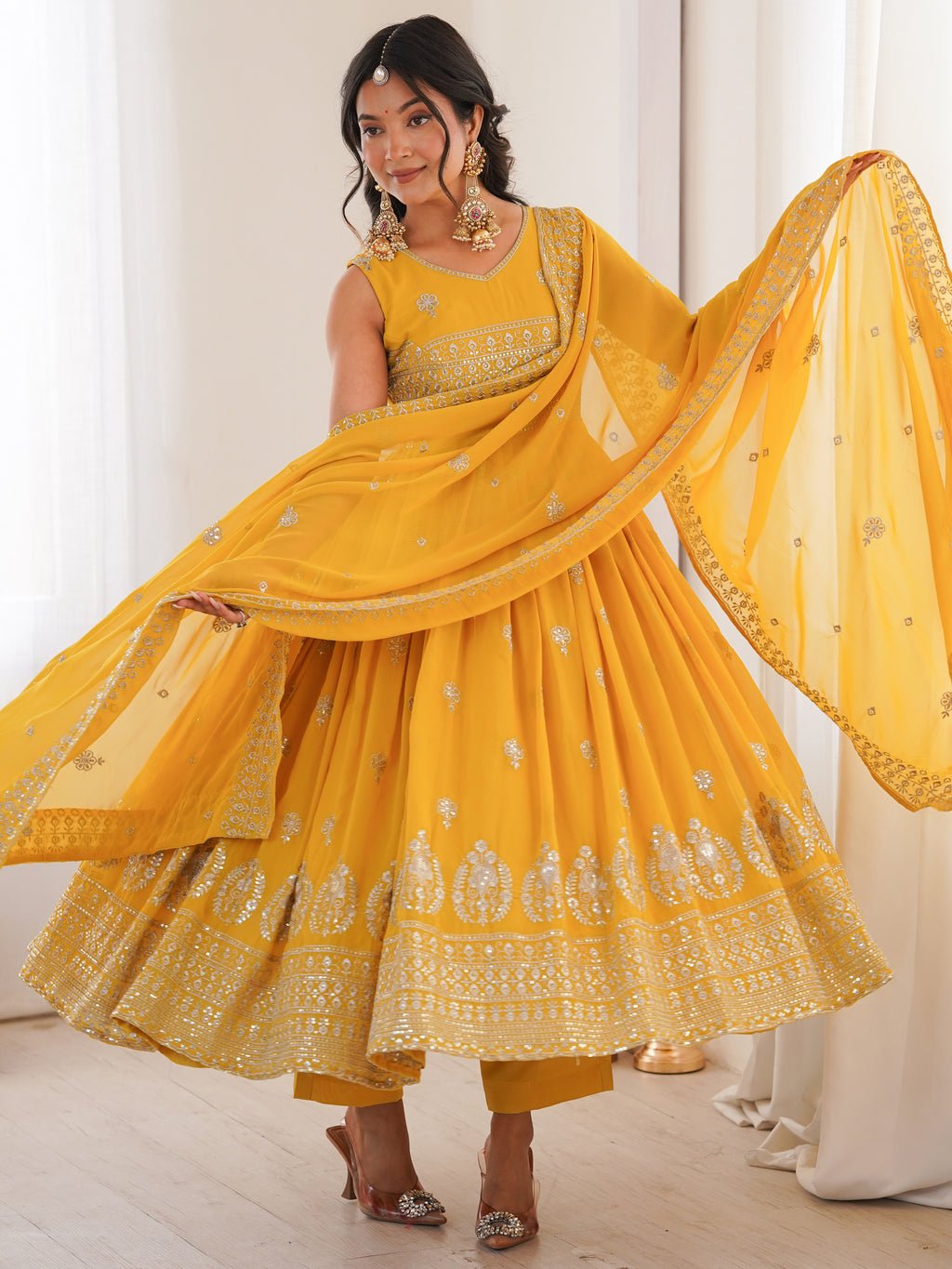 Excellent Mustard Yellow Embroidered Haldi Wear Anarkali Suit with Pant & Dupatta 8 IMG 9903 1