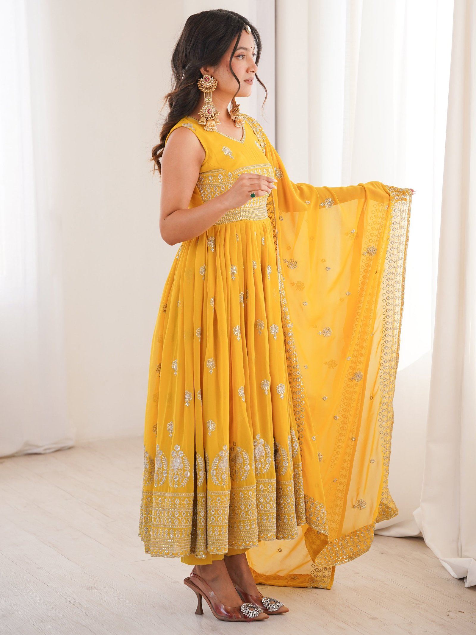 Excellent Mustard Yellow Embroidered Haldi Wear Anarkali Suit with Pant & Dupatta 4 IMG 9908