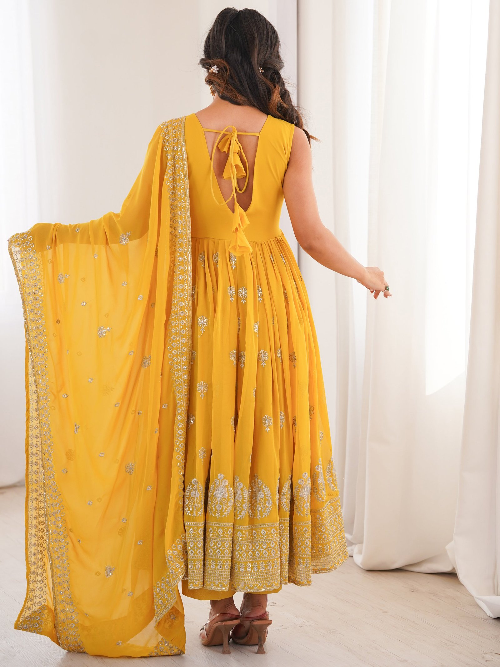 Excellent Mustard Yellow Embroidered Haldi Wear Anarkali Suit with Pant & Dupatta 6 IMG 9909