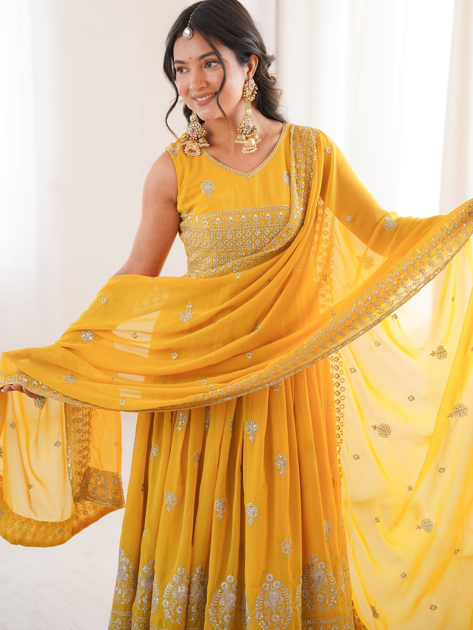 Excellent Mustard Yellow Embroidered Haldi Wear Anarkali Suit with Pant & Dupatta 7 IMG 9910