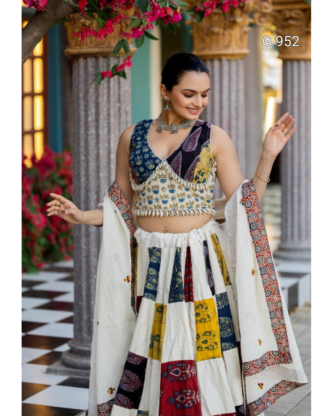 Navratri Ajrakh Hand Block Print Stitched Lehenga choli Set | Pure Khadi Cotton 2 Multi ColorPatchworkSilkBlouseFeaturingSeashellFringeDetailingPairedwithMatchingLehenga Close UpOutdoorPortrait