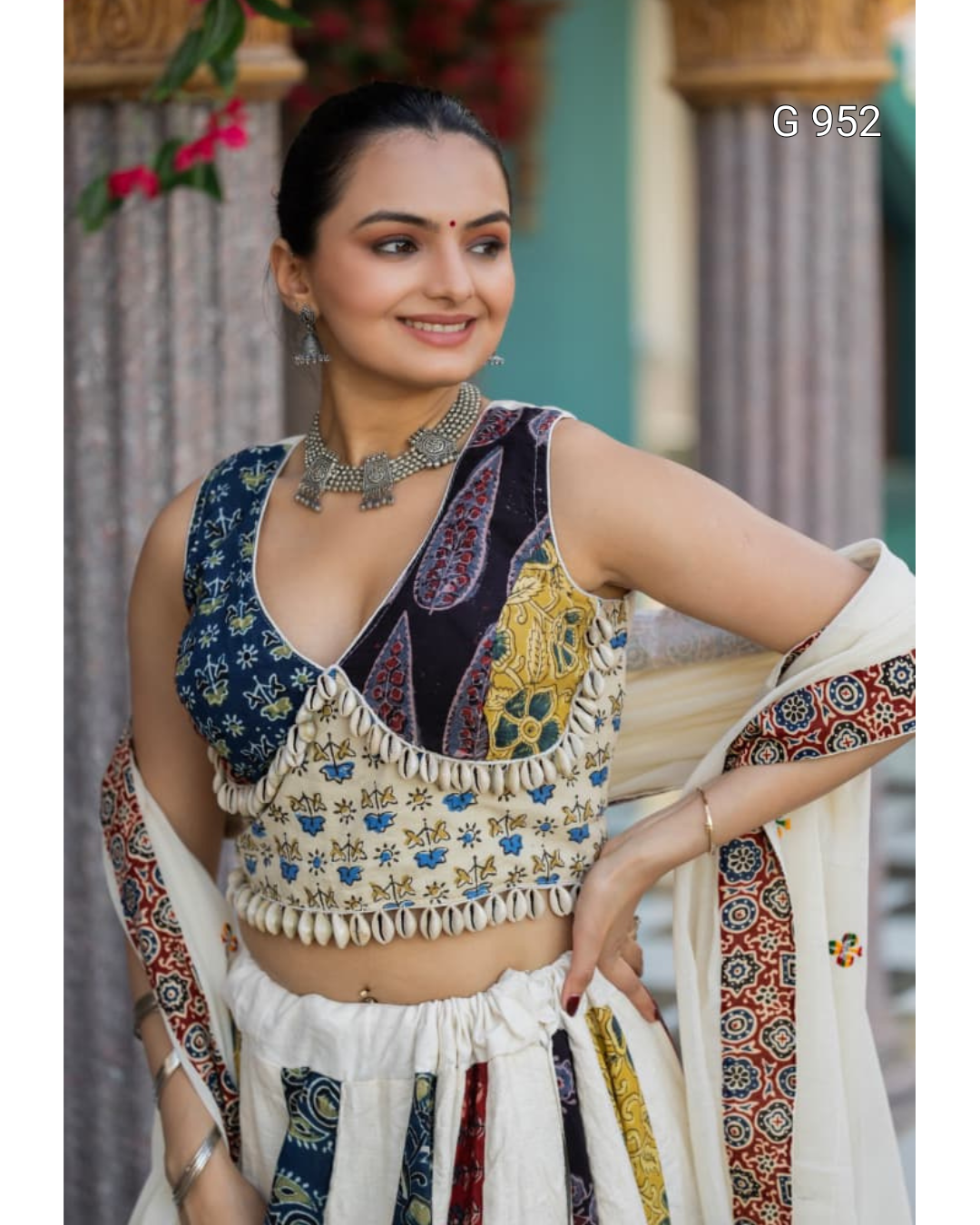 Navratri Ajrakh Hand Block Print Stitched Lehenga choli Set | Pure Khadi Cotton 5 MulticoloredPrintedBlousewithShellHangingsandTraditionalSilverNecklace Close UpPortrait