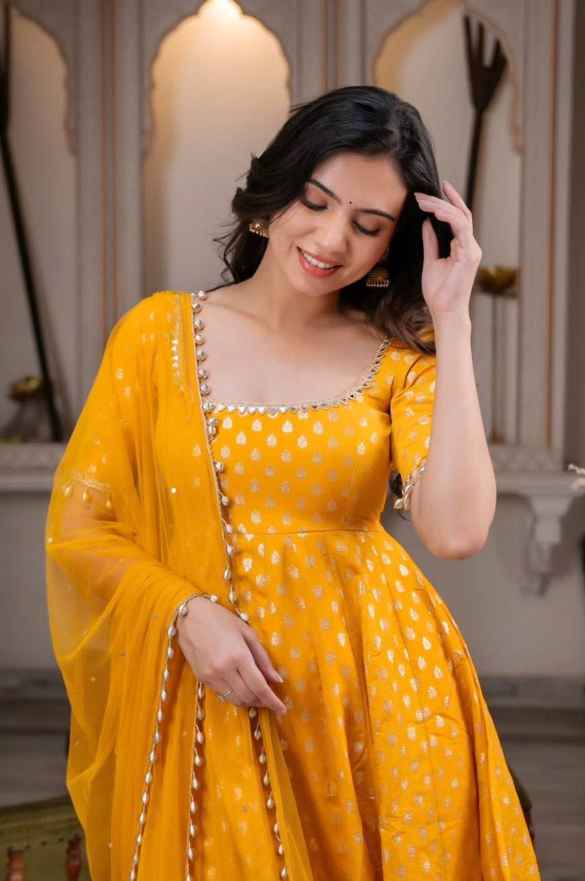 Yellow Chanderi Jacquard Anarkali Suit with Pant & Dupatta | Designer Suit Set 3 OG 1002 2