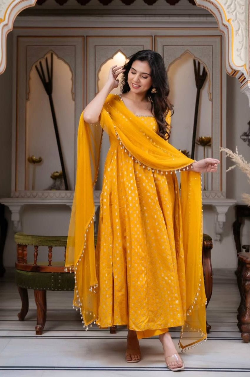 Yellow Chanderi Jacquard Anarkali Suit with Pant & Dupatta | Designer Suit Set 4 OG 1002 3