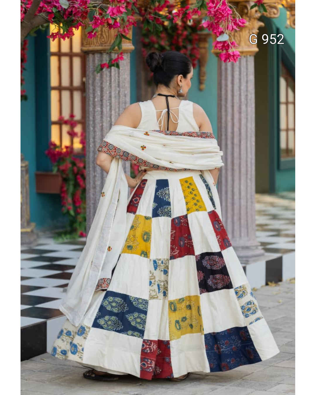 Navratri Ajrakh Hand Block Print Stitched Lehenga choli Set | Pure Khadi Cotton 7 Off WhiteLehengawithMulti ColorPatchworkPanelsandDrapedDupatta BackProfileStandingView