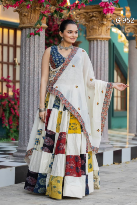 Off WhitePatchworkLehengaCholiSetwithPrintedBorderDupatta Full LengthStandingView