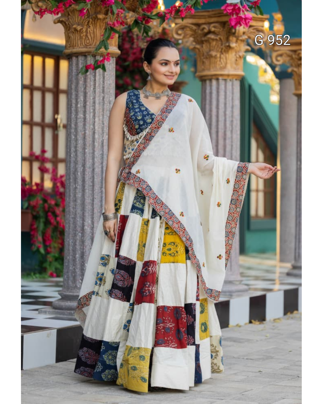 Navratri Ajrakh Hand Block Print Stitched Lehenga choli Set | Pure Khadi Cotton 1 Off WhitePatchworkLehengaCholiSetwithPrintedBorderDupatta Full LengthStandingView