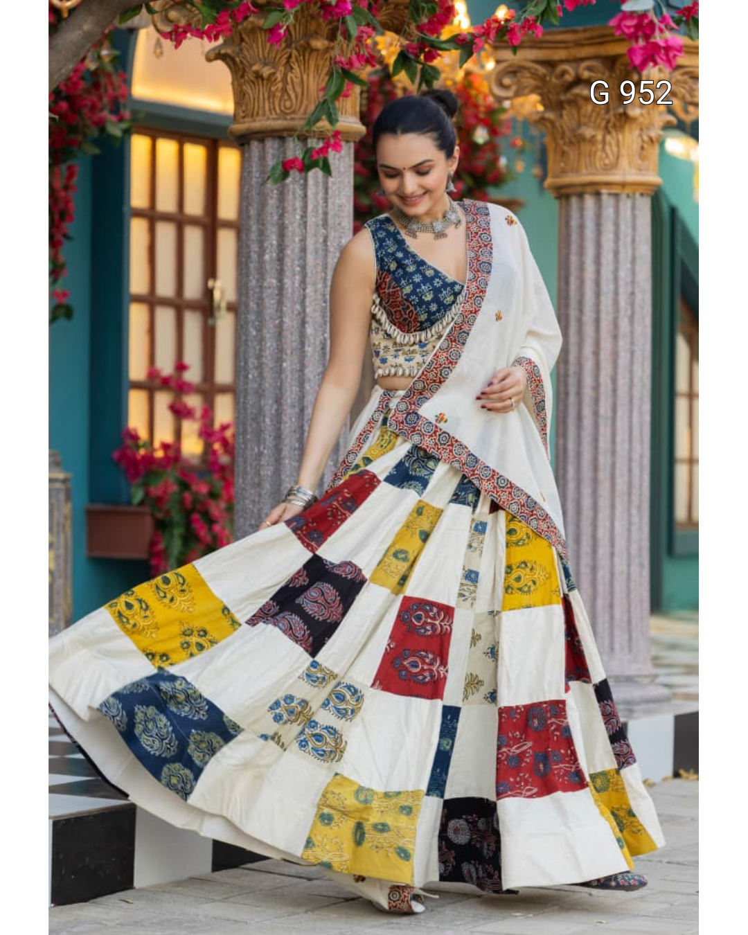 Navratri Ajrakh Hand Block Print Stitched Lehenga choli Set | Pure Khadi Cotton 4 Off WhiteandMulti ColorPatchworkLehengainMotionTwirl OutdoorArchitecturalView