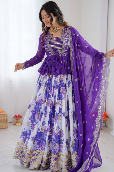PurpleDigitalFloralPrintedFauxGeorgetteEmbroideredLehengaCholi 5