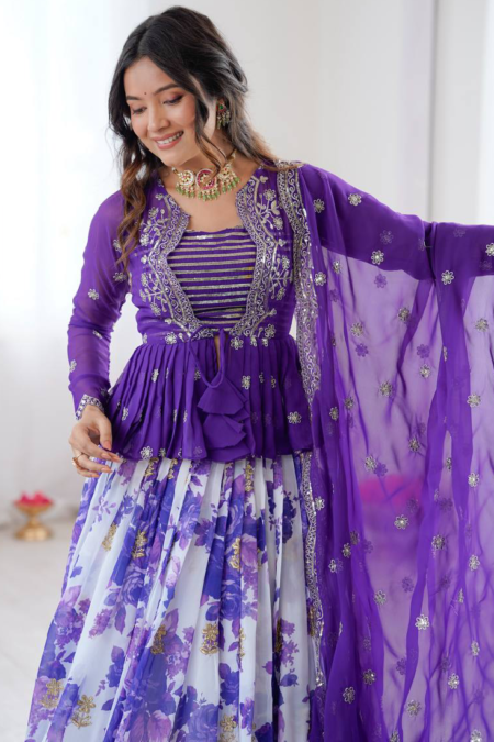 PurpleDigitalFloralPrintedFauxGeorgetteEmbroideredLehengaCholi 8