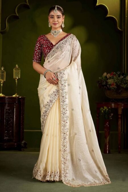 Premium Satin Silk Saree with Floral Embroidery & Heavy Sequin Work Blouse