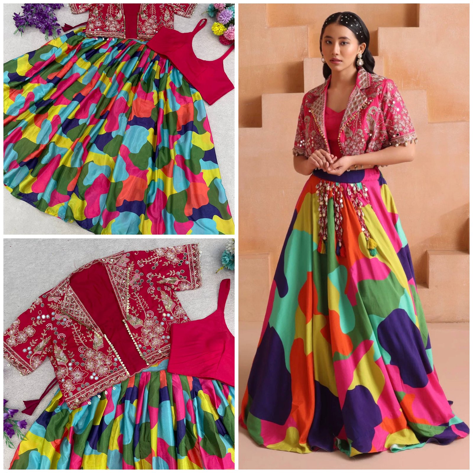 Multicolor Printed Lehenga Choli with Mirror Work Jacket | Chinon Silk 5 photo 2026 09 07 15 13 58